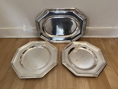 Set of three silver-plated dishes, two octagonal...