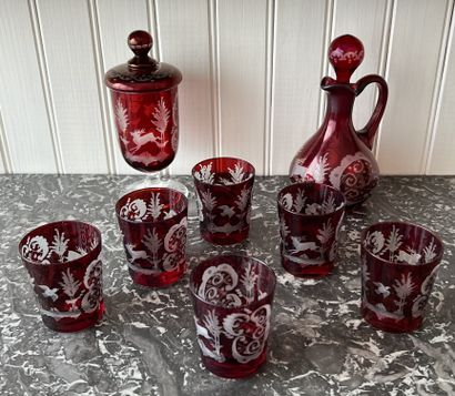 Set in Bohemia red lined crystal decorated...