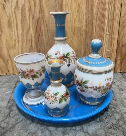 Opaline water glass decorated with flower...
