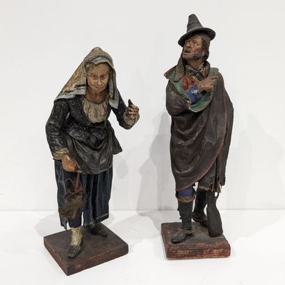 Deux santons napolitains en bois peint et...