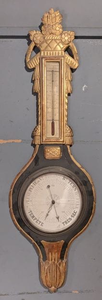Baromètre-thermomètre en bois à patine et...