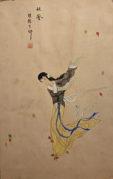 Ecole CHINOISE : DANSEUSE PARMI LES FEUILLES....