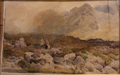 JL (?) REED : PAYSANS SUR LA LANDE. Aquarelle,...