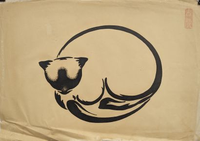 Ensemble : - Chat pelotonné. Estampe japonaise...