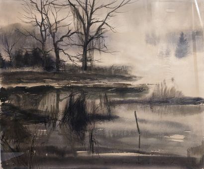 Ecole MODERNE : - PAYSAGE HIVERNAL. Encre...