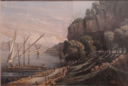 Ecole SUISSE : BORD DE RIVIERE ANIME. Gravure...
