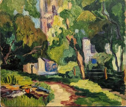SCHWARZ (XXe siècle) : JARDIN ARBORE. Huile...