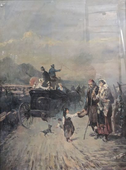 Ecole ESPAGNOLE vers 1900 : L'AUMONE. Gouache....