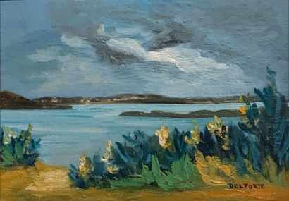 DELPORTE*** : VUE D'UNE BAIE. Huile sur carton...