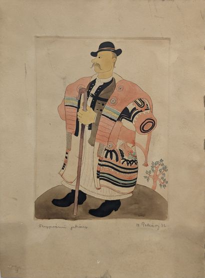 Ensemble : - Chat pelotonné. Estampe japonaise...