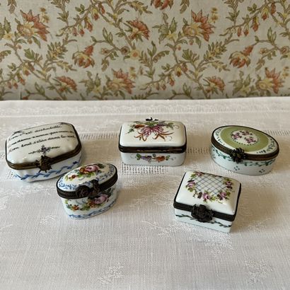Set of five porcelain pill boxes with floral...