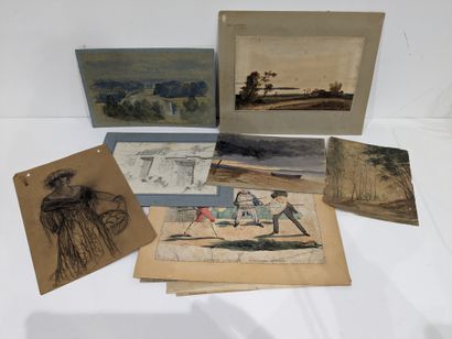 Small set of drawings and watercolors with...