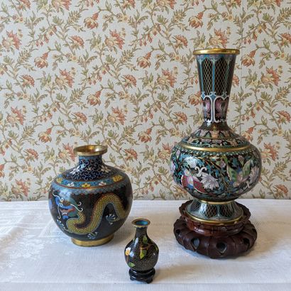 Set of cloisonné vases: one baluster with...
