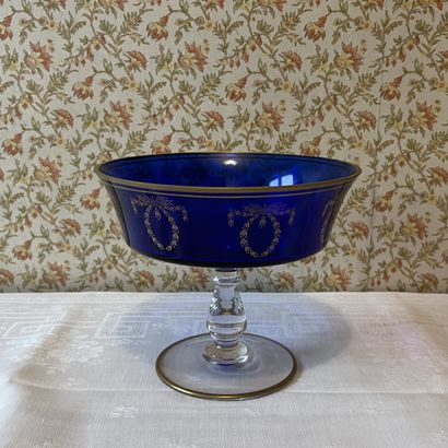 Blue crystal footed bowl with laurel garland...