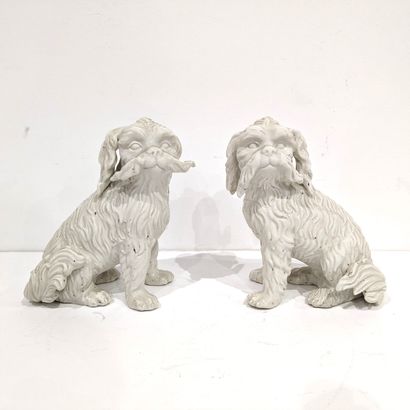 Pair of seated dog statuettes in white porcelain....