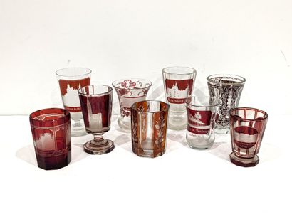Set of nine Bohemian red lined crystal mugs...