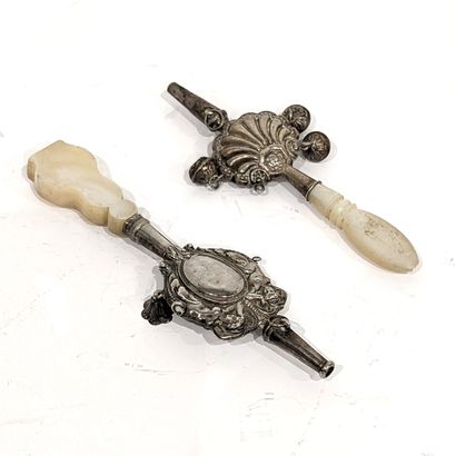 Two silver (925) whistling rattles, the first...