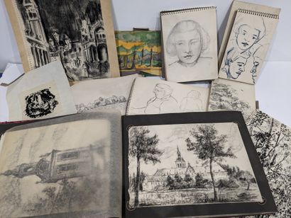 Set of seven sketchbooks and studies: landscapes,...