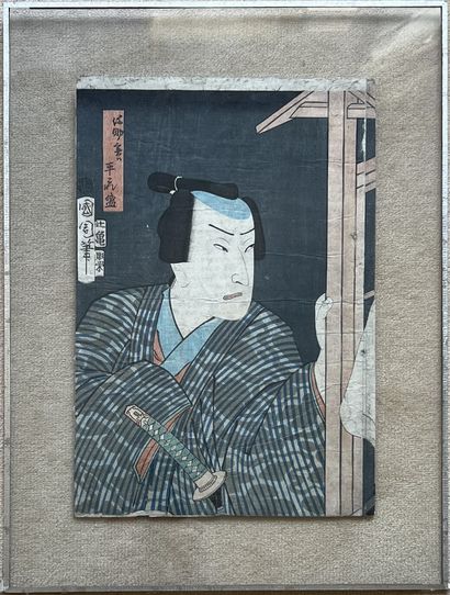 Japanese print depicting a samurai. Cut edges....