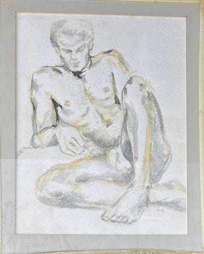 LUEZ***: SEATED NUDE MAN. Ink and watercolor,...