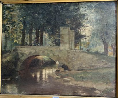 Henri JAMET (1858-1921): PAYSAGE AU PONT...