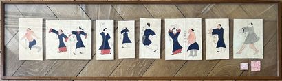 Set of eight small paintings of Asian figures,...