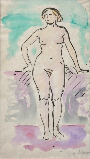 Henri LEBASQUE (1865-1937) : NU DEBOUT. Aquarelle...