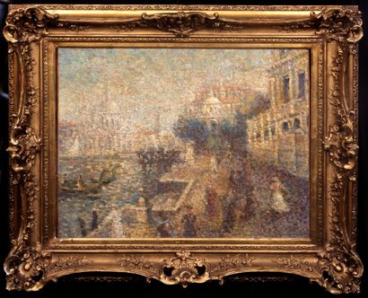 Ecole POINTILLISTE : VUE DE VENISE. Huile...