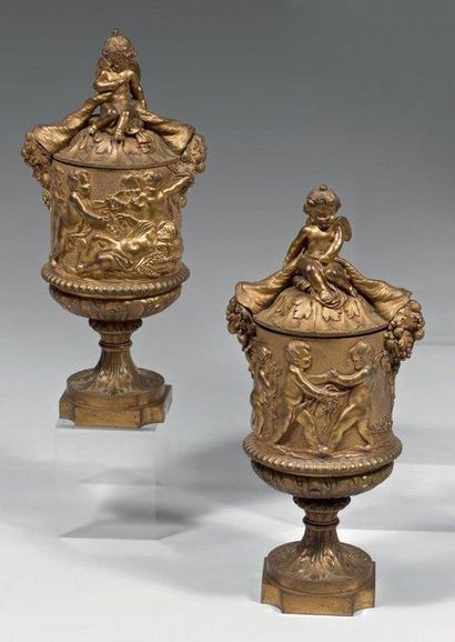 Paire de vases cylindriques couverts en bronze...