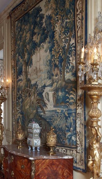 Tapisserie fine d'Aubusson en laine et soie,...