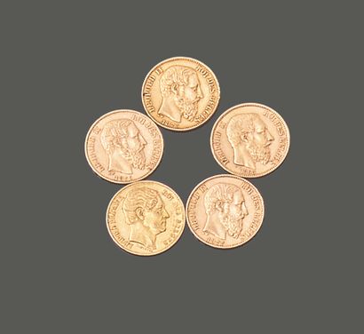 BELGIQUE. Cinq pièces de vingt francs en...