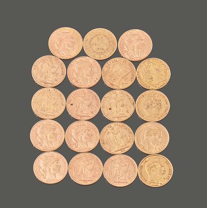 FRANCE. Dix-neuf pièces de vingt francs en...
