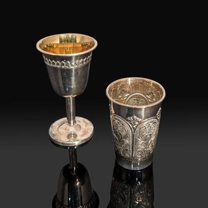 Silver (800) bowl and kiddush glass, the...
