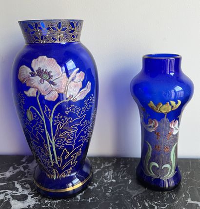 Blue glass ovoid vase with polychrome enameled...