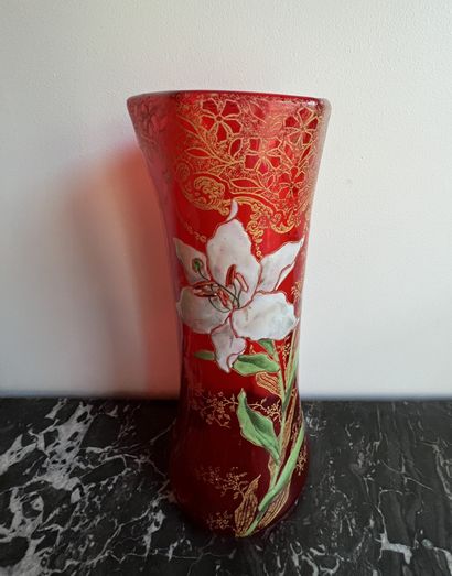 Red glass horn vase, hexagonal neck, with...