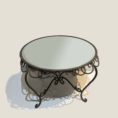 Table basse, le plateau rond foncé de glace...