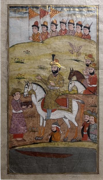 Mughal miniature depicting horsemen and soldiers...