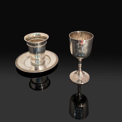Silver-plated kiddush glass and saucer with...
