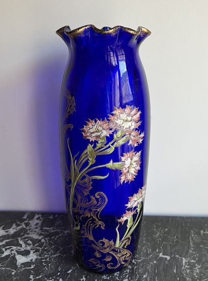 Large blue glass ovoid vase with enameled...