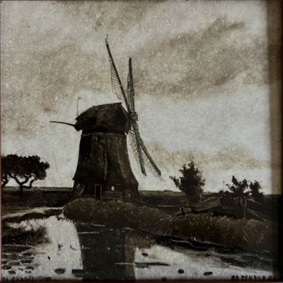 N. CABRINI*** : PAYSAGE AU MOULIN. Carreau...