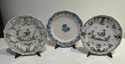 Moustiers. Three plates, two with green monochrome...
