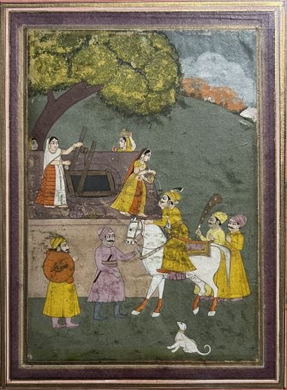 Large Indian miniature depicting women drawing...