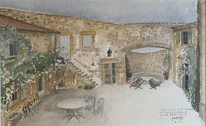 J. AVISSE***: PATIO. Pencil and watercolor,...