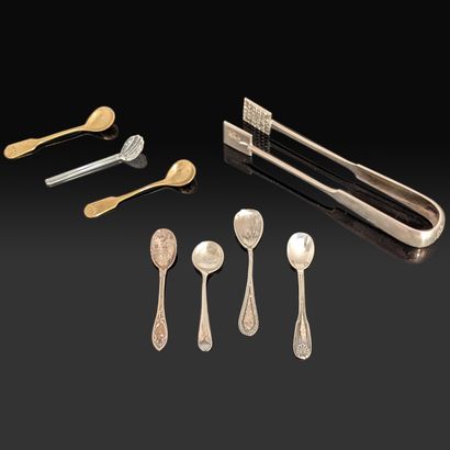 Silver set (800 or 925): sugar tongs, engraved...