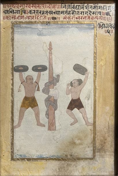 Indian miniature of wrestlers, captioned...