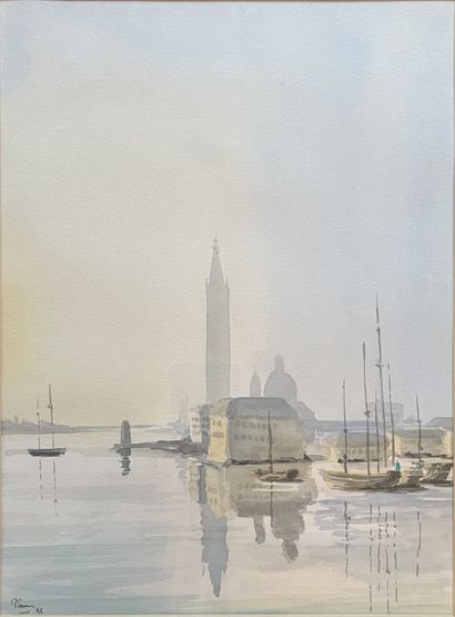 J. AVISSE***: PATIO. Pencil and watercolor,...