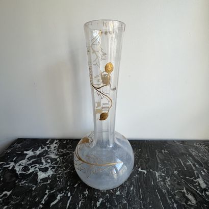 High-necked crystal vase with gilded foliage...
