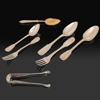 Mismatched silver flatware (950): two flatware...