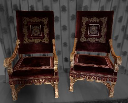 Pair of armchairs in cream and gilded lacquered...