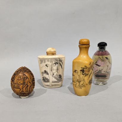 Set of three snuffboxes with erotic decoration,...